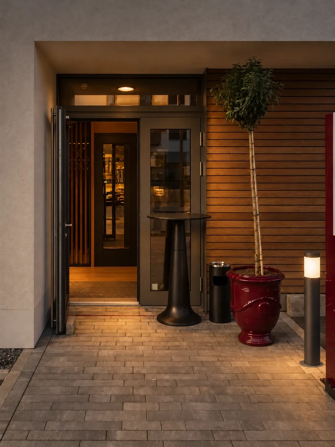 L'entrée du restaurant Poline à Strassen, le soir