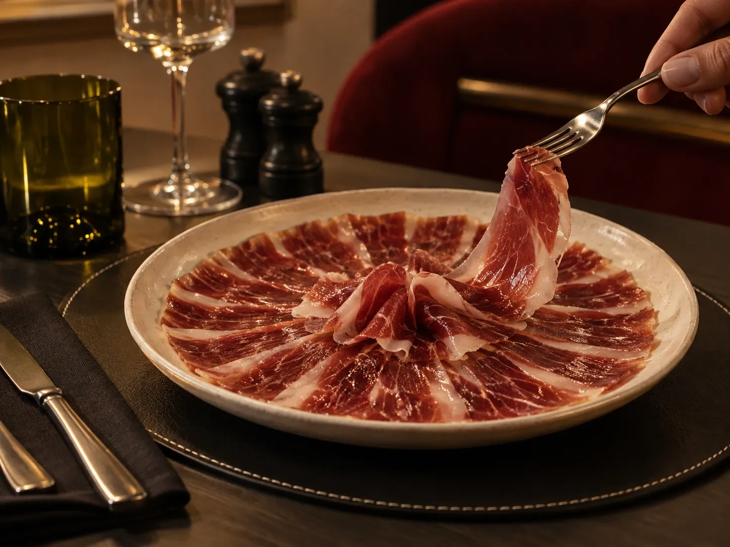 Assiette de Pata Negra, jambon ibérique, restaurant Poline à Strassen