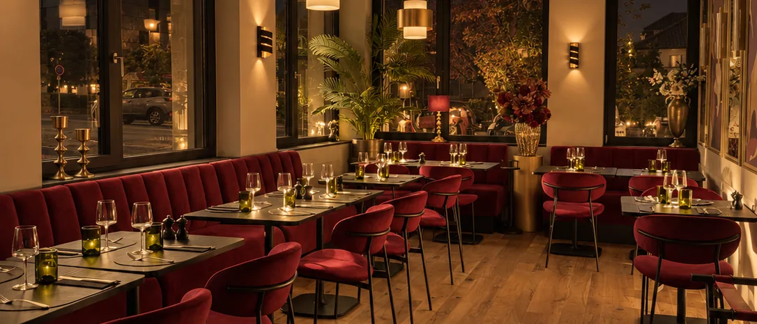 La salle de la brasserie Poline à Strassen, banquettes bordeaux le long des fenêtres